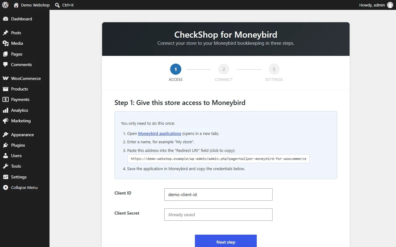 Setup wizard: give the store access to Moneybird in three steps