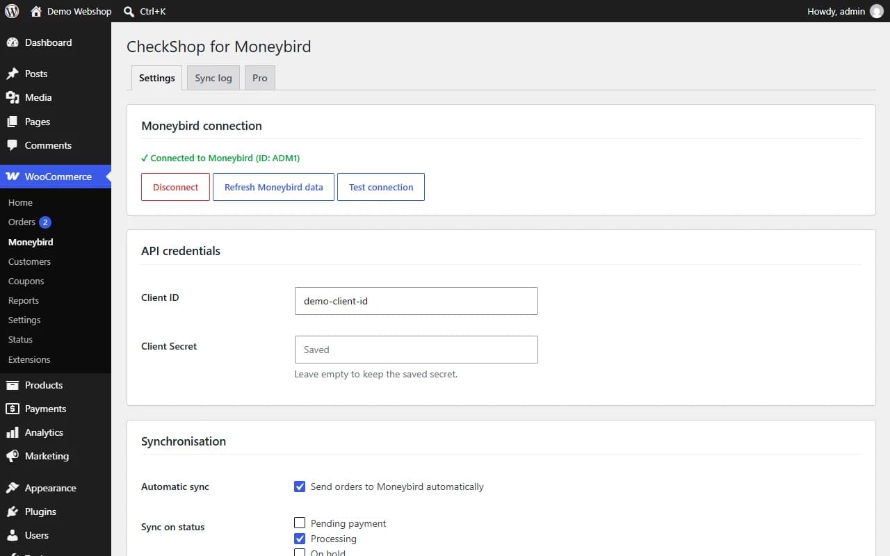 Settings: Moneybird connection, API credentials and synchronisation options