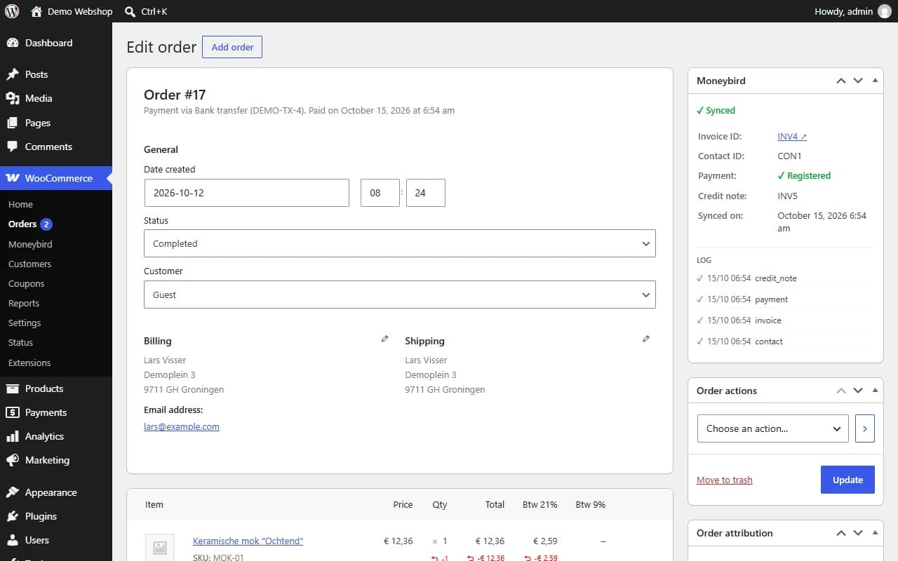 Moneybird box on the order screen with invoice, payment and credit note status