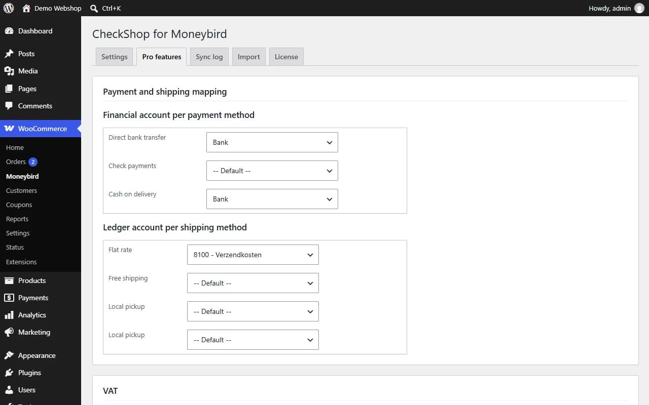 Pro add-on: financial account per payment method and ledger account per shipping method