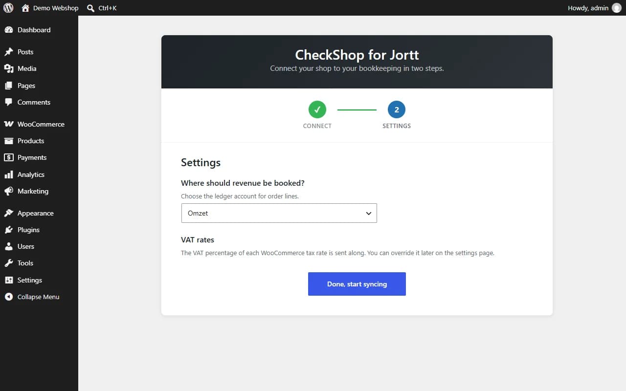 Setup wizard: connect to Jortt in two steps