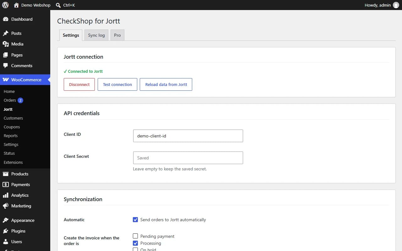 Settings: Jortt connection, API credentials and synchronization options
