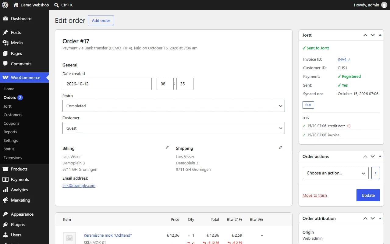 Jortt box on the order screen with status and log